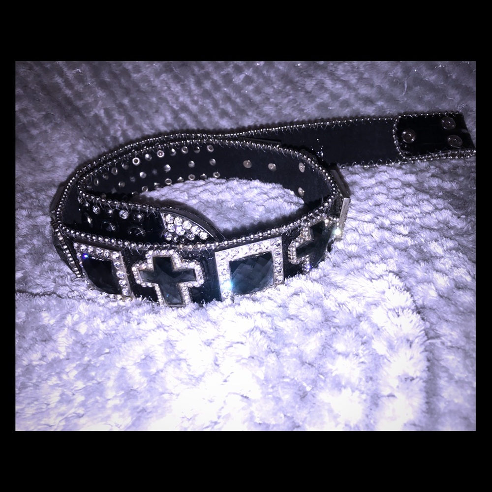 Black leather bedazzled belt